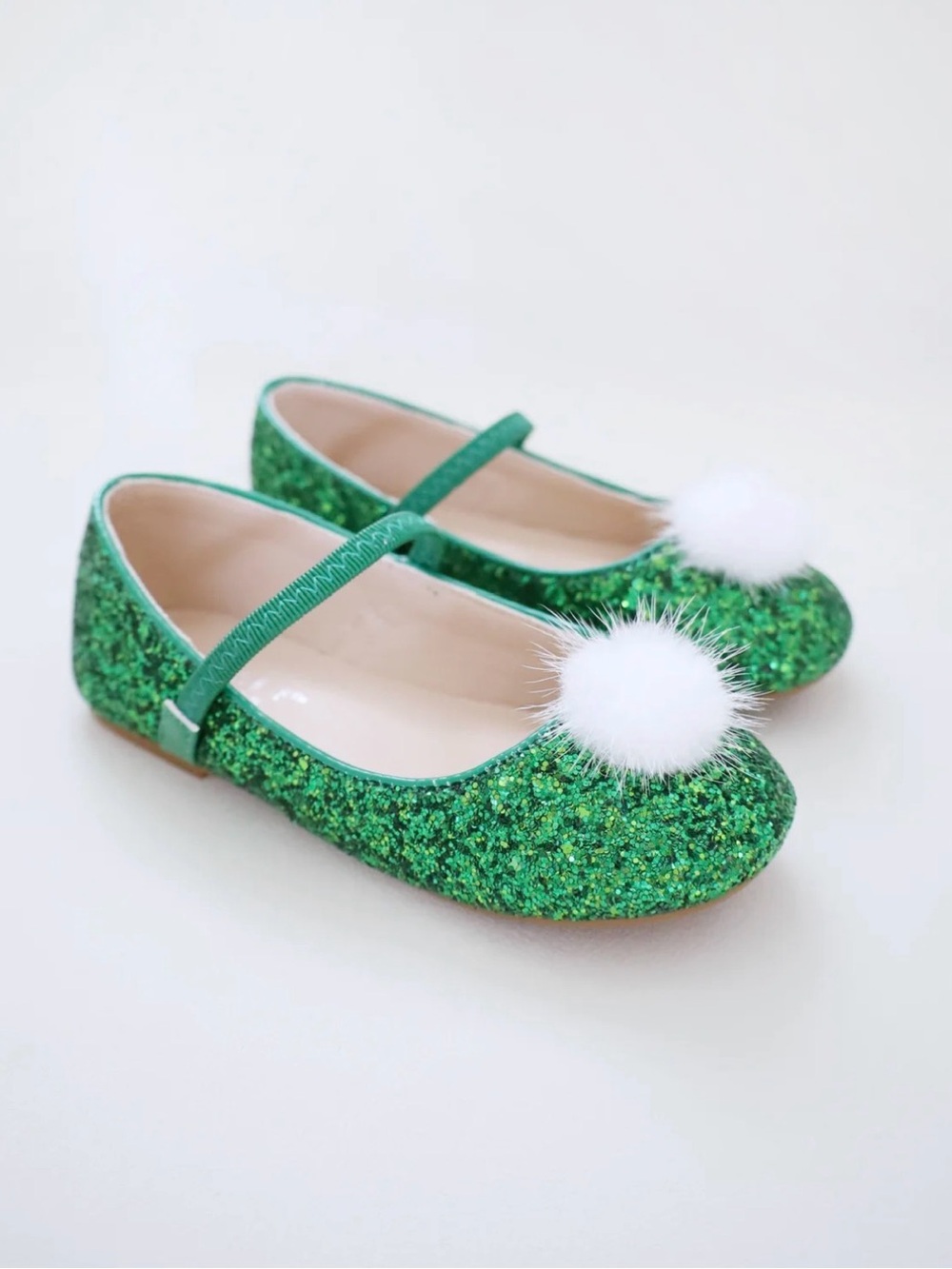 Girls Sparkling Emerald Mary Jane Shoes with White Pom Accent